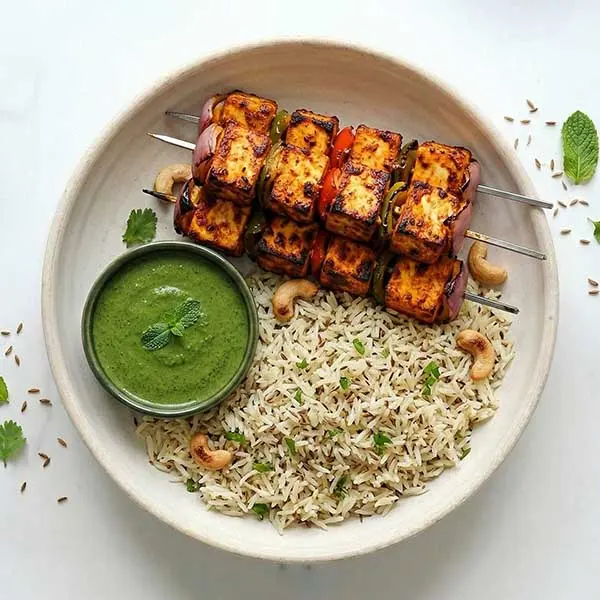 Paneer Tikka Skewers with Mint Chutney & Jeera Rice